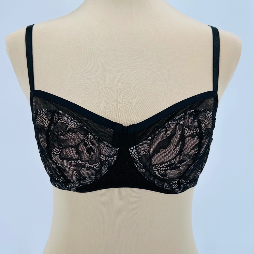 Soma Black Mesh and Lace Unlined Balconette Bra 34C 570393748 Underwire NWT
